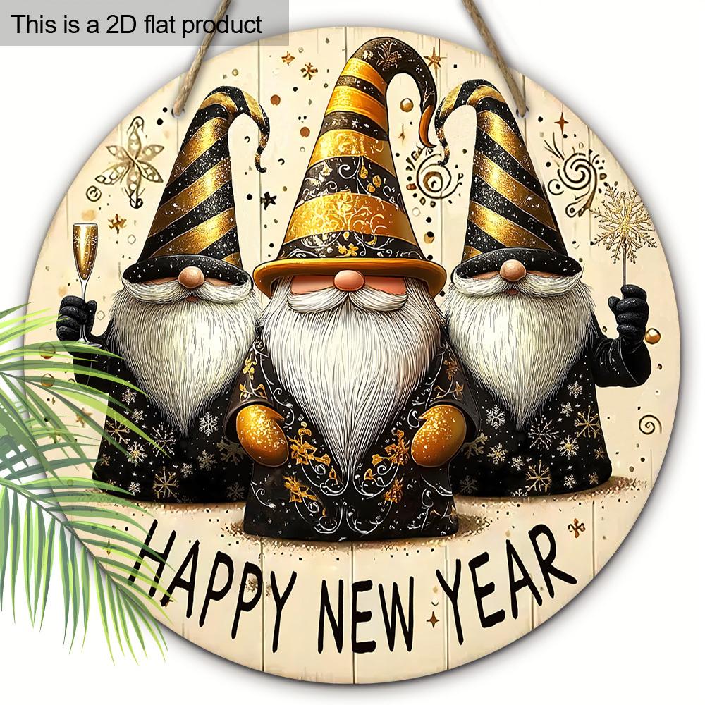 Celebrate The New Year Wooden Ornament with Gnomes Pattern - Happy New Year Round Sign for Front Door, Wall Hanging Decor