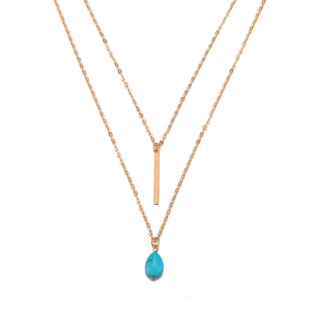 Women Double-layer Turquoise Necklace Water Drop Shaped Pendant Clavicle Chains Necklace