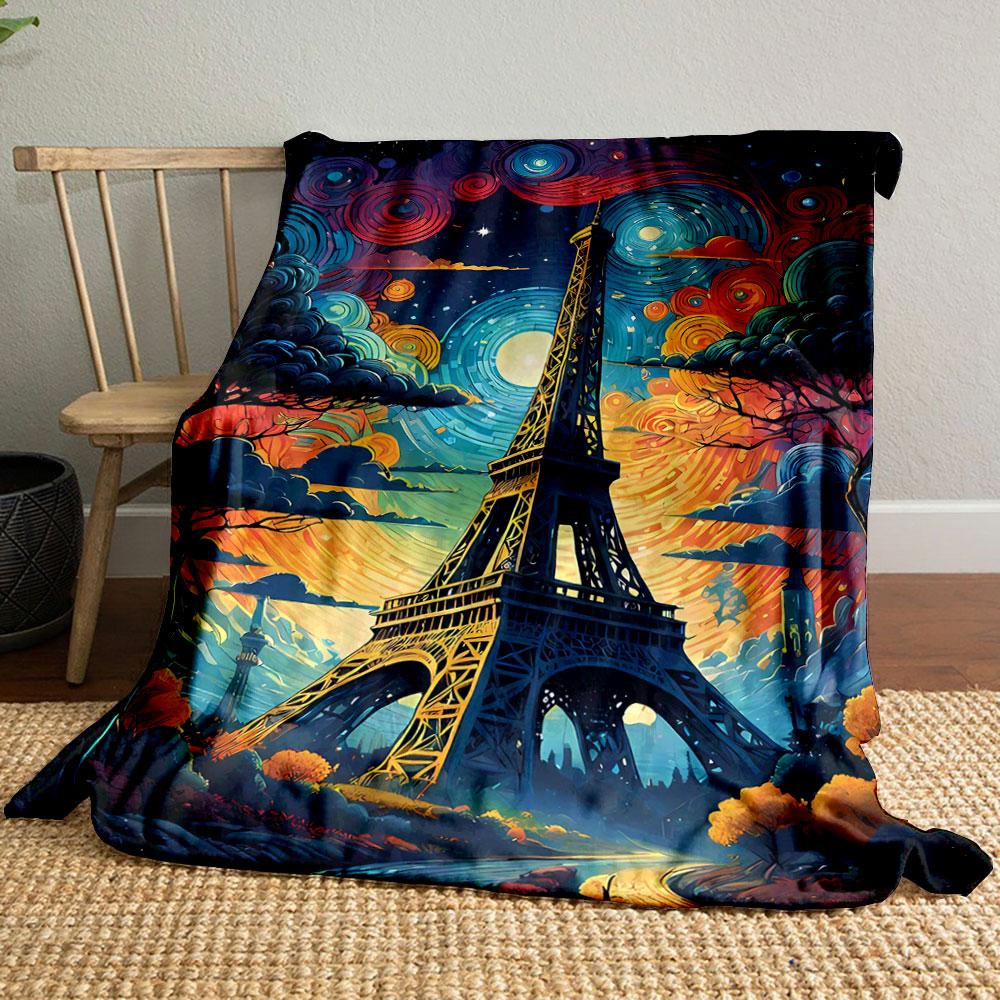 The Eiffel Tower with vivid swirling skies in a Van Gogh-inspired style. for all seasons blanket lunch break throw gift