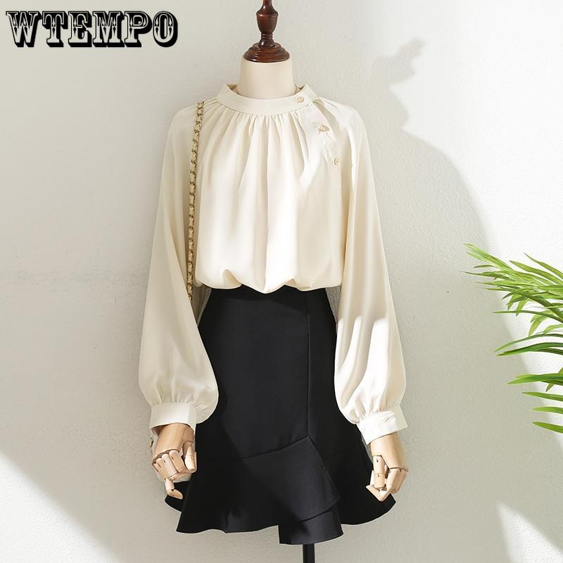 

Diagonal Button Satin Chiffon Shirt Women s French Top Retro Stand Up Collar Top 3XL