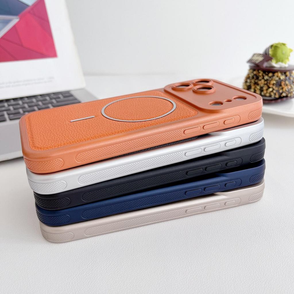 Lychee Pattern Magnetic Case for Apple 17 Pro Max: Slim Ring Design with Anti-Slip Edge, Compatible with Models 16/15