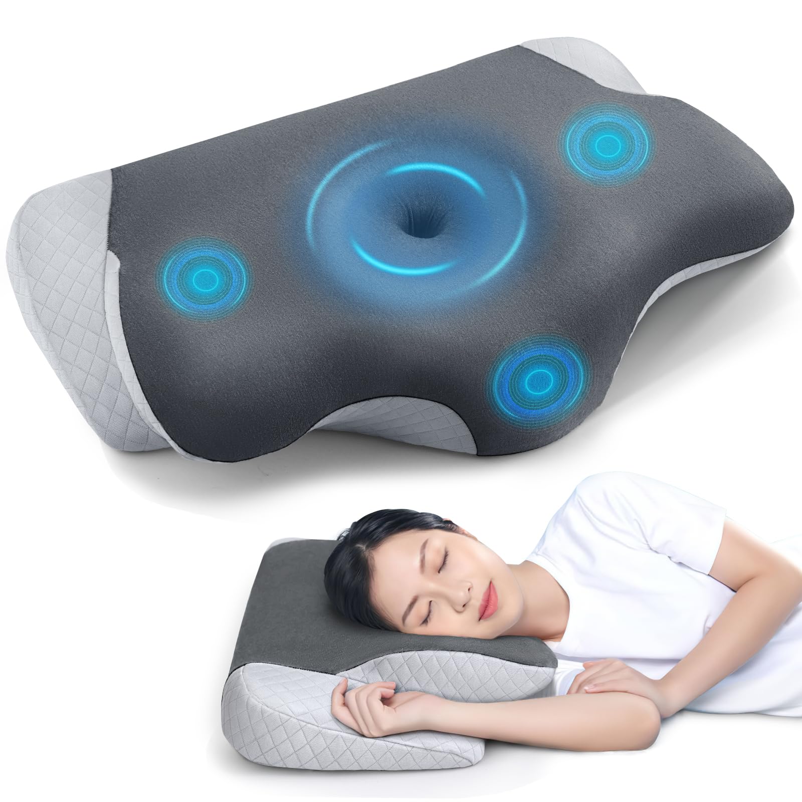 

This memory foam pillow relieves neck pain. [Concave hollow design for ear and back areas, new modal cotton material, adjustable pillow cover]