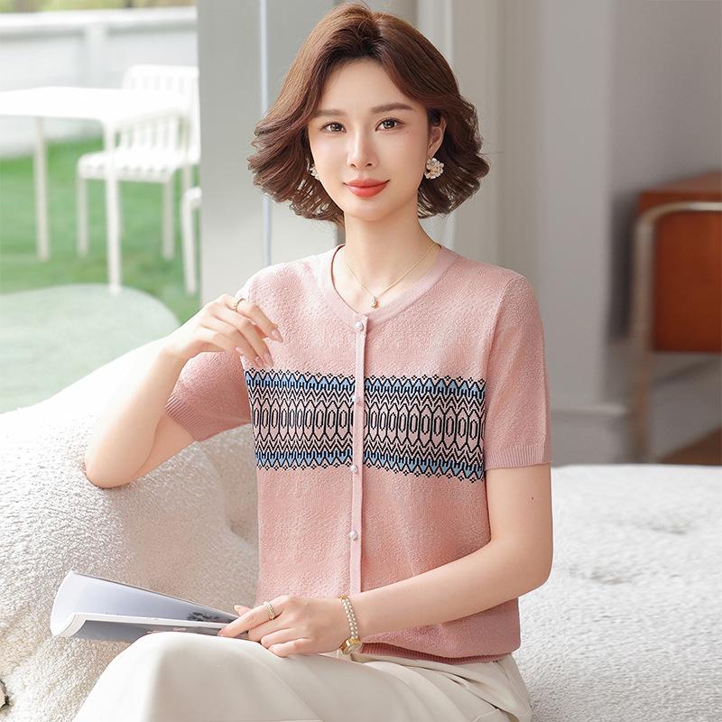 

2026 Stylish Ice Silk Short-Sleeve Top for Moms - Age-Reducing Mother s Day T-Shirt for Middle-Aged & Elderly Women 2XL (recommended 110-120 jin) розовый