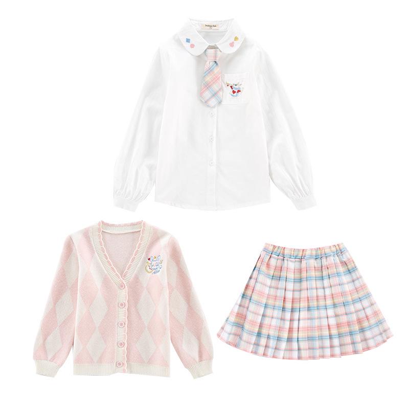 Spring 2023 Girls' JK Plaid Skirt 3-Piece Set: Sweater & College Style Suit