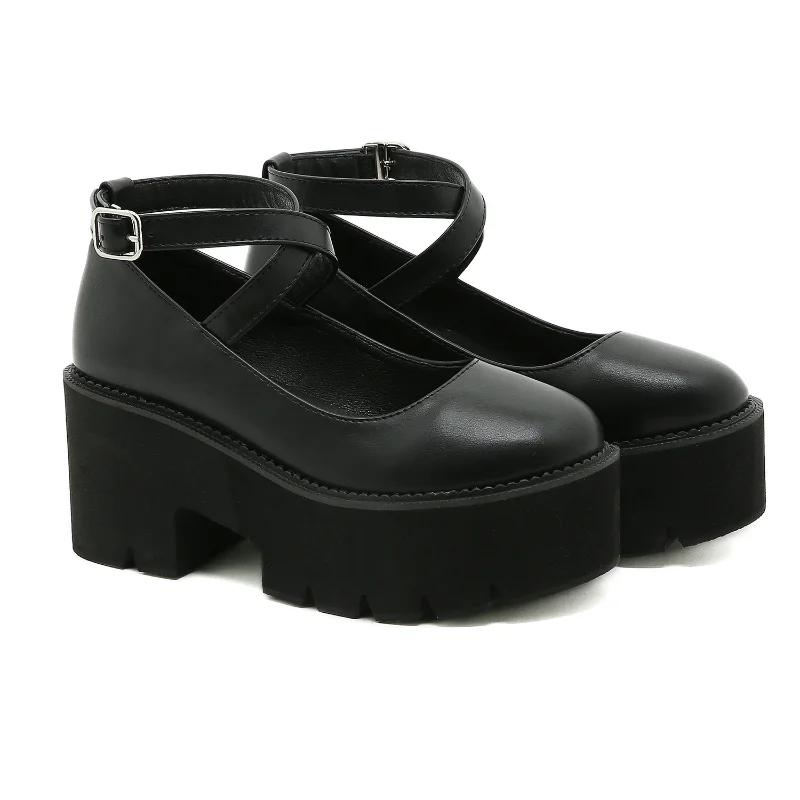 Fashion 8cm Heels Spring Thick Bottom Fashion Cross Belt Simple Single Shoes and American Style Sexy Muffin Women Shoes