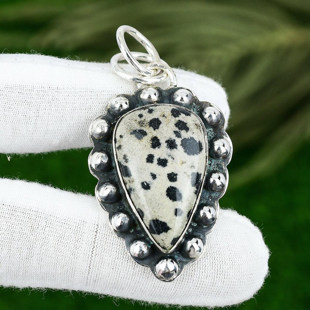 Pear Dalmation Jasper Stone 925 Silver Birthday Engagement Bezel Wedding Pendant