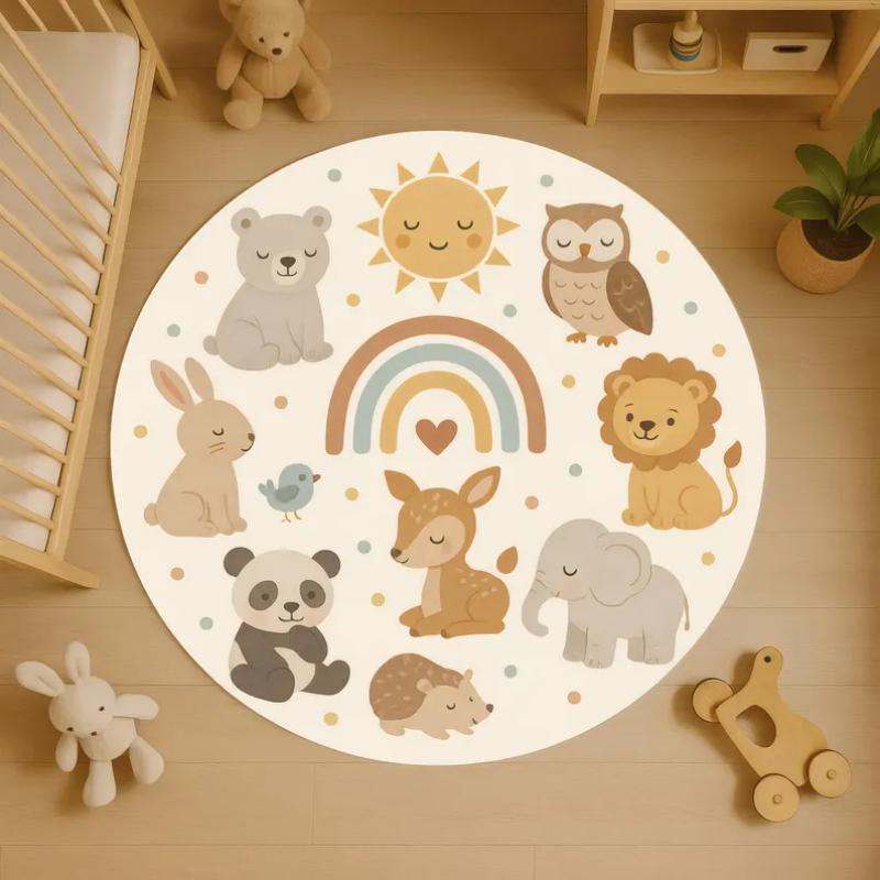 Adorable Smiling Cats Floral Round Rug Navy Background Flower Pattern Non Slip Soft Carpet Playroom Cute Home Decor