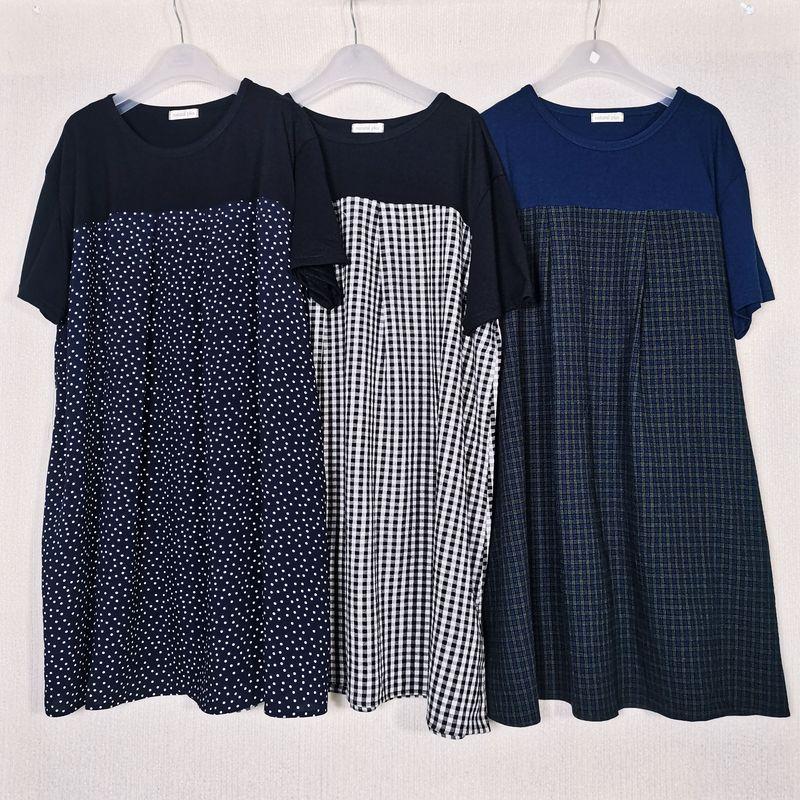 Export Original Order Leftover Stock Tencel Rayon Printed Stitching Short Sleeves Dress Female Loose Plus Size Mid Length Long Length Tops Summer