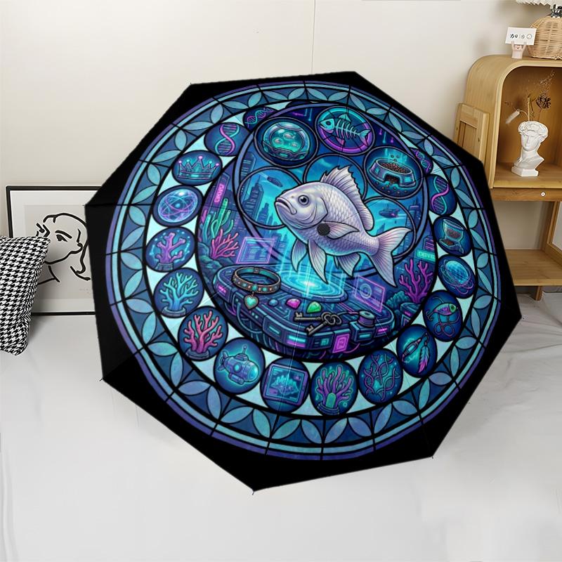 Futuristic Fish Mandala Pattern Umbrella, Portable and Foldable Design, 8 Ribs, a Casual Accessory for Halloween, Christmas, and Birthday Gifts.