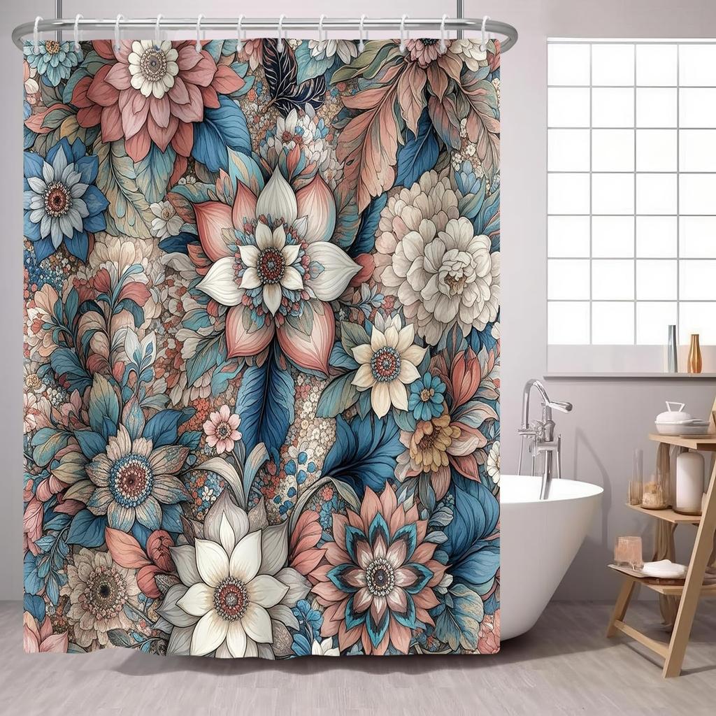 Boho Flower Shower Curtain Mandala Floral Vintage Flower,Pink Blue Bright Petal Leaves Farmhouse Fabric Shower Curtains Bathroom