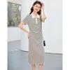 26 Year New Summer Fashionable Versatile Polo Collar Horizontal Striped Knitted Skirt, Hip Hugging Skirt, Mid Length Skirt, Dress