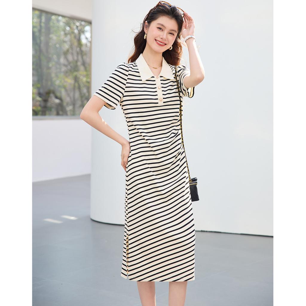 26 Year New Summer Fashionable Versatile Polo Collar Horizontal Striped Knitted Skirt, Hip Hugging Skirt, Mid Length Skirt, Dress