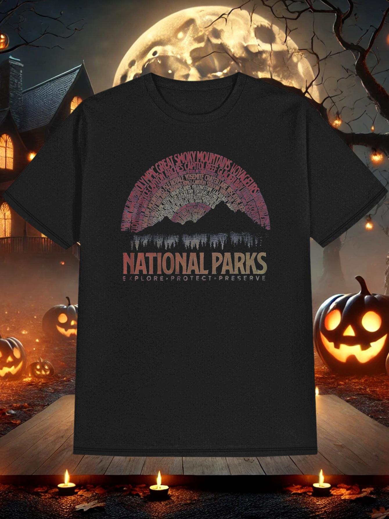 T-shirt Halloween Graphic - Snow Mountain National Parks Design with Pumpkin & Skull L