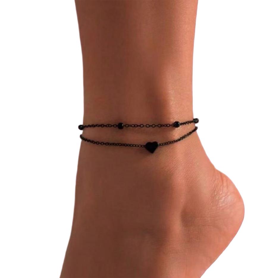 Double Layer Heart Anklet for Women - Simple Beach Fashion Foot Jewelry with Personalized Metal Chain