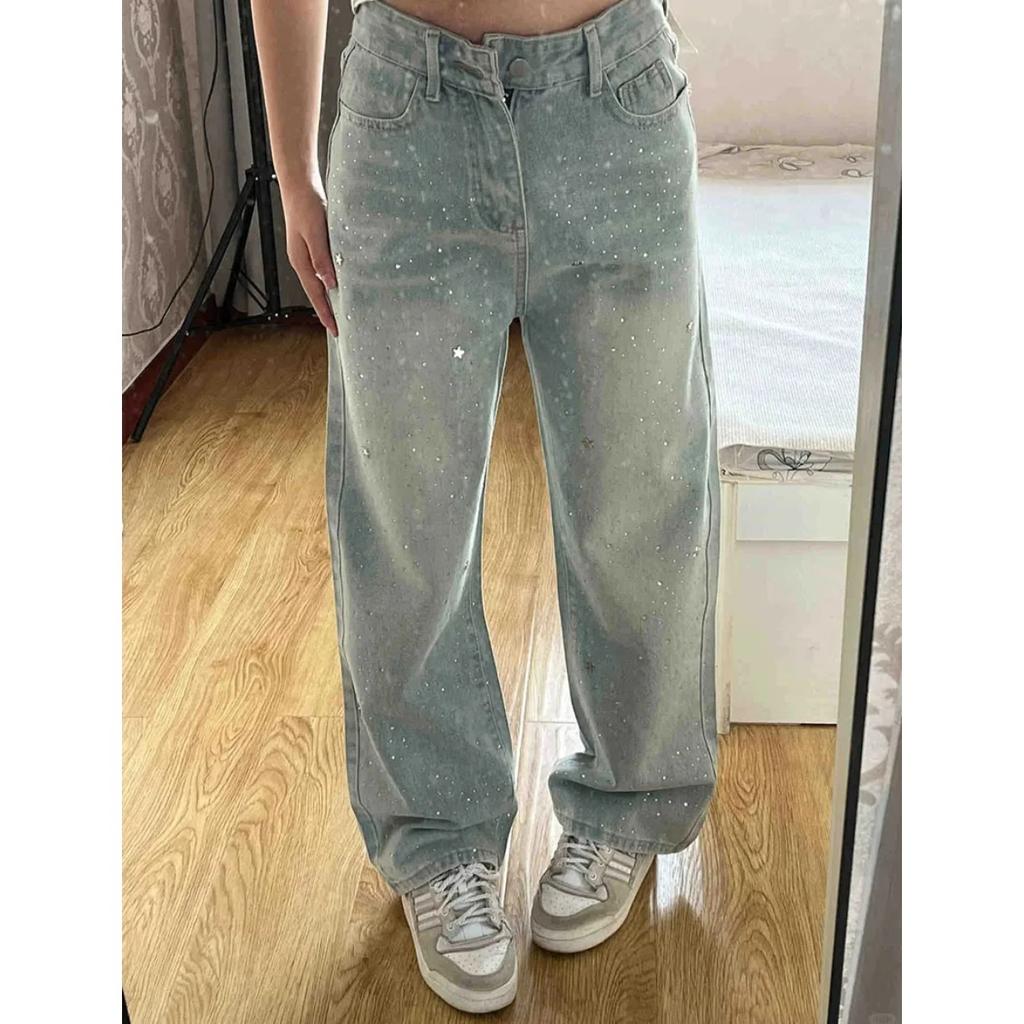 STREETRICH New Design Light Blue Beaded Straight Denim Pants for Women High Waist Slimming Wide Leg Long Pants
