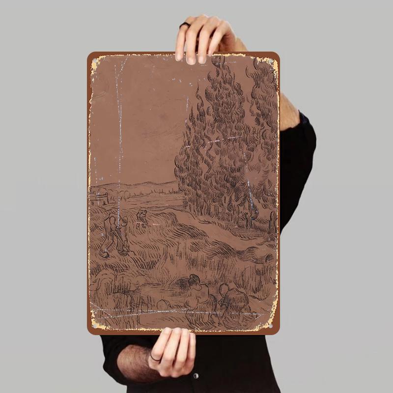Van Gogh Style Wheat Field Labor Scene Vintage Metal Wall Art Decor for Living Room 7.9x11.8In(20x30cm)