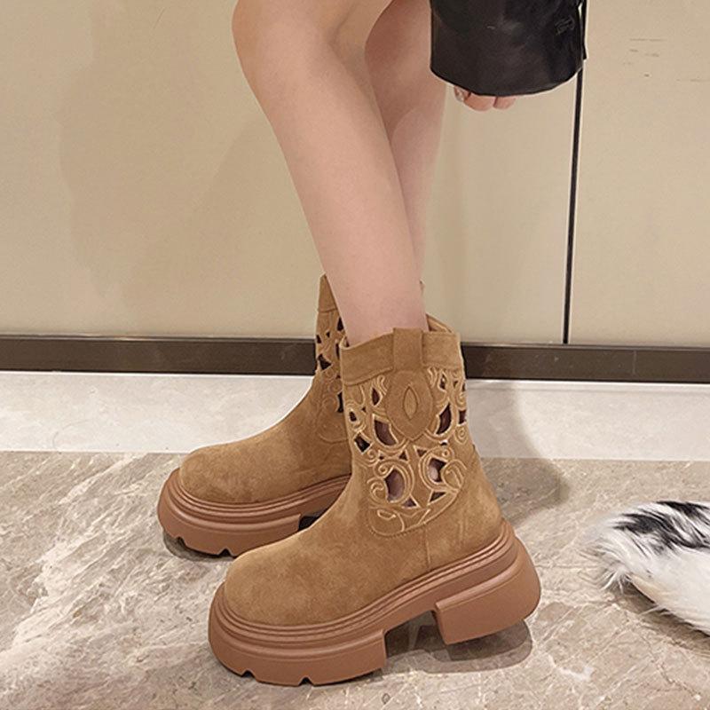Thick-soled retro hollowed-out western cowboy small short boots women's new breathable heightening cool boots medium tube Martin boots