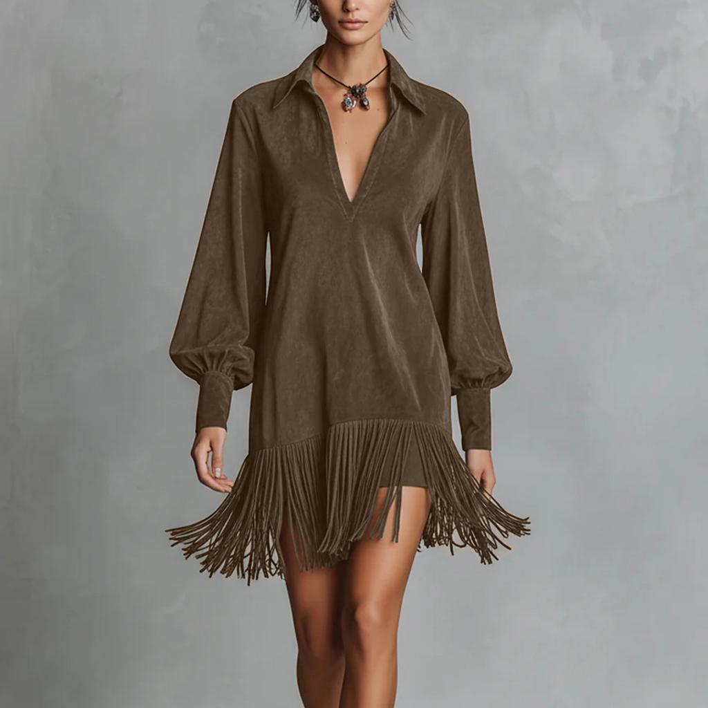 Women's Long Sleeved Casual Retro Loose V-Neck Suede Tassel Dress