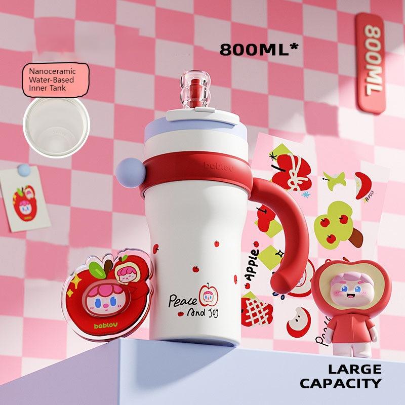 Bablov 800/1250ML Straw Thermos Cup Ceramic Inner Vacuum Flasks Large Capacity Water Cup Keep Cold & Hot Camping Beverage Cup