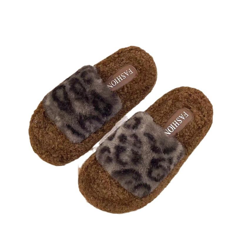 Fluffy Slippers Women's New Fashionable and Versatile Autumn and Winter Outer Wear Fluffy Leopard Print Cotton Slippers