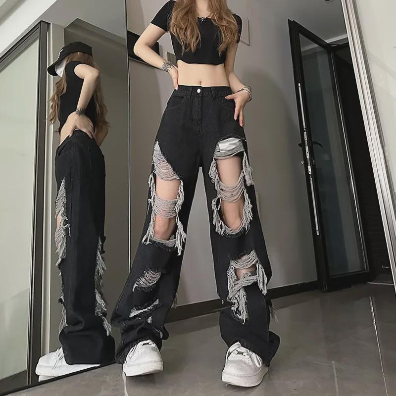 2024 Women's Hong Kong-Style Straight Wide-Leg Jeans - Summer Beggar Hole Loose Slim Trendy Trousers.