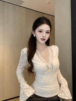Women’s Winter Slimming V-Neck Lace Top with Bell Sleeves