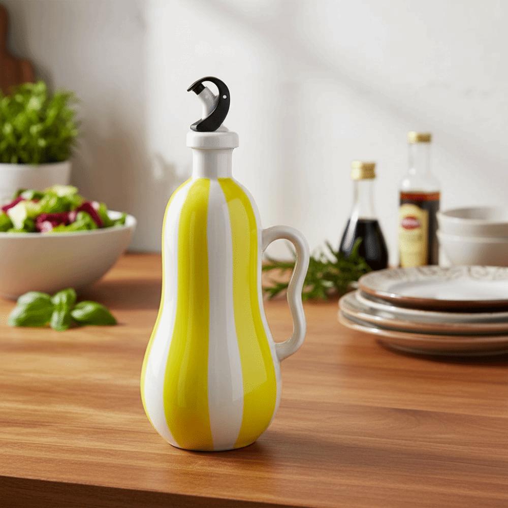 Striped Pattern Ceramic Oil Bottle with Handle Ergonomic Grip Olive Oil Dispenser Painted Pattern Underglaze Embossed
