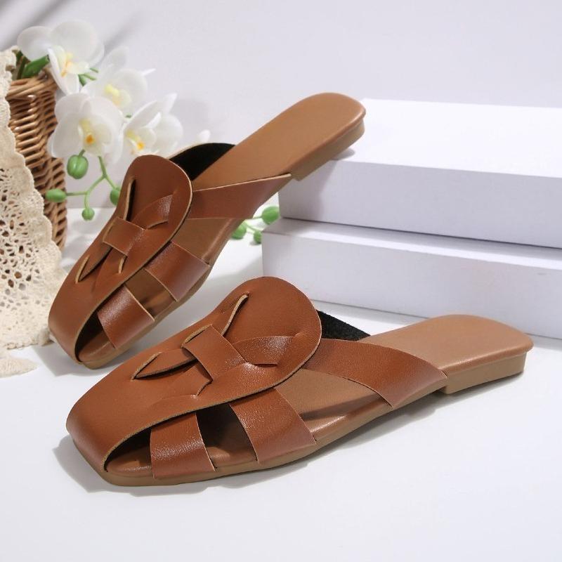 Rome Cool Mopping Summer New Square Toe Shallow Mouth Woven Strap Non-slip Flat Wrapped Slippers