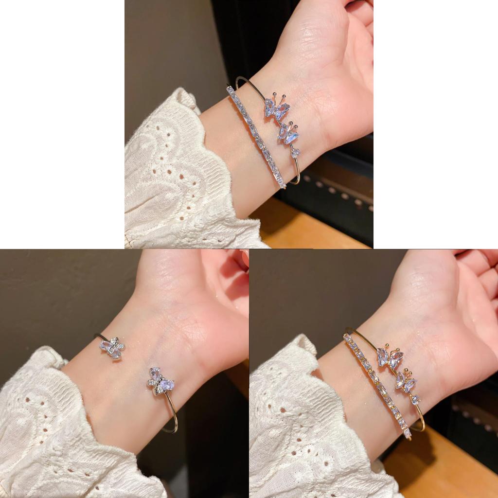 Butterfly Charm Double Layer Open Bracelet With Cubic Zirconia For Fashion Women