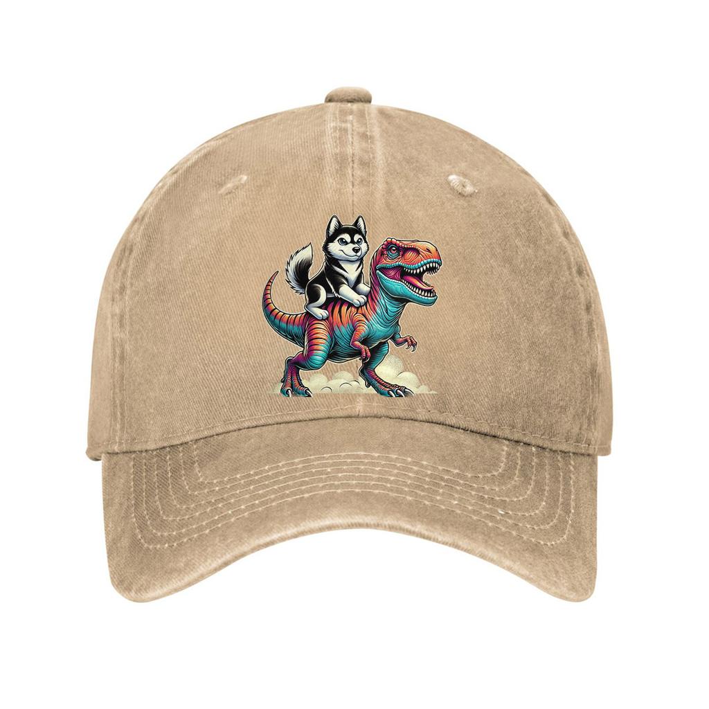 Husky Riding Dinosaur Print Baseball Cap Washed Cotton Adjustable Dad Hat Casual Outdoor Sports Cap