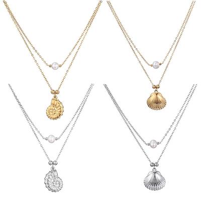 Collana con Perla di Conchiglia in Acciaio Inossidabile Anti-Ossidazione, Design a Doppio Strato