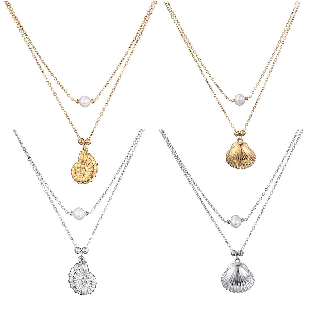 Anti-Oxidation Stainless Steel Conch Pearl Necklace, Double-Layered Design