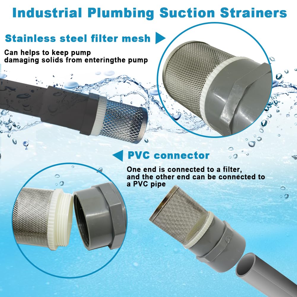1 inch Stainless Steel Filter Cover Connected to 1 inch/DN25 Grey PVC Filter Water Pipe, Vent Cap Suction Strainers Used to Remove Debris and Reduce