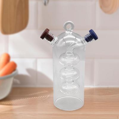2 In 1 Cruet Bottle Separated Compartments Cylindrical Handcrafted Glass for Salad Dressing