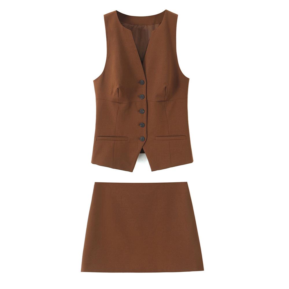 

2025 Spring Women s Slim Fit V-Neck Sleeveless Vest & Midi Skirt Set Small