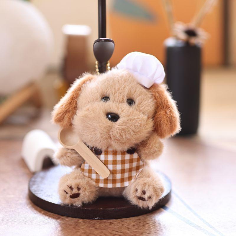 Cartoon Cute Puppy With Chef Hat Spoon Plaid Apron Plush Toy Keychain Pendant