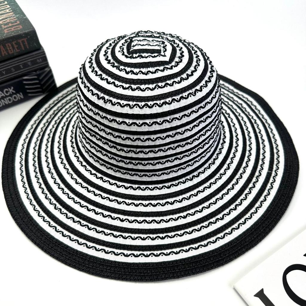 Two-Color Striped Simple Casual Large Brim Straw Hat Outdoor Girl Travel Beach Sunshade Sunscreen Hat