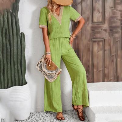 Zweiteiliger Sommeranzug für Damen aus Spitze mit V-Ausschnitt und kurzen Ärmeln, einfarbige Hose mit weitem Bein und geradem Bein, lässiger Hosenanzug für Damen