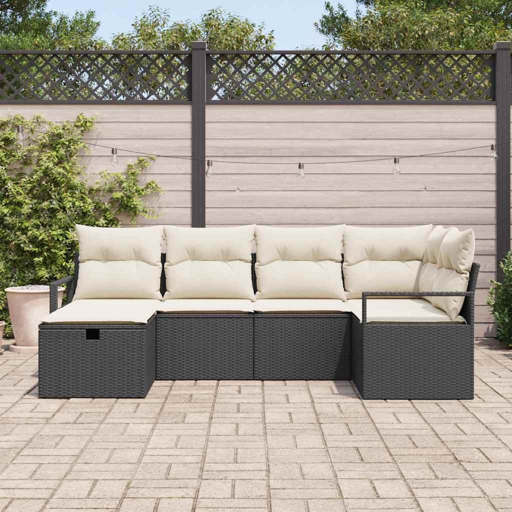 Sofa Set with Cushions and Storage Black and Cream Poly Rattan