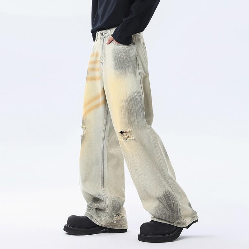 High-Waist Loose Fit Distressed Jeans Men Casual Wide-Leg Denim Pants Vintage Style Plus Size Fall