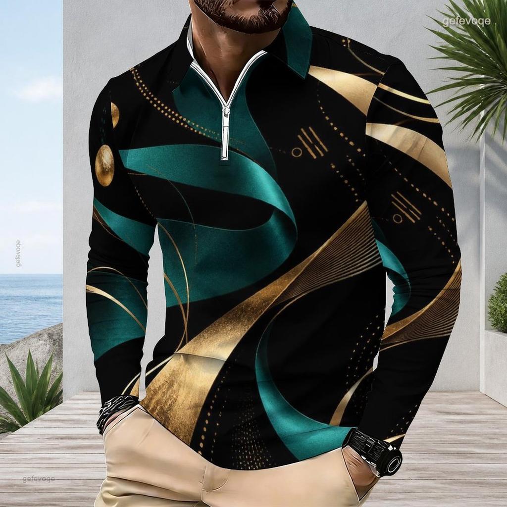 Men Plus Size Long Sleeve Quarter Zip Collared Printed Polo Shirt Grey Peach