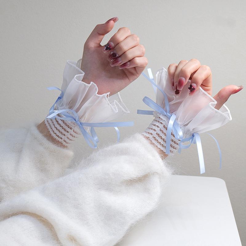 1Pair Nail Art Lace Tulle Photo Glove Fake Pleated Cuff Ribbon Bow Manicure Photography Props Nail Tips Display Lolita Sleeves