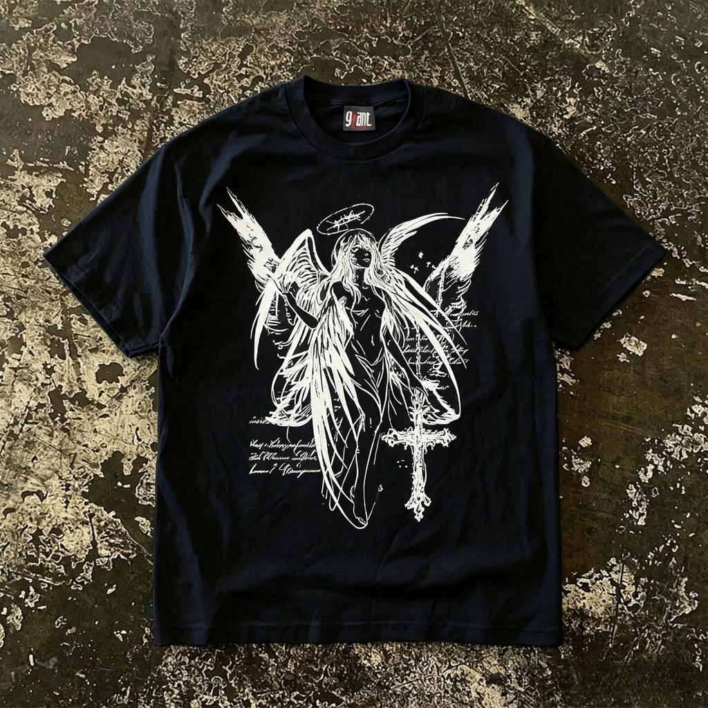 Dunkler gefallener Engel Skizze T-Shirt Gothic Kreuz Druck Y2k Grunge Ästhetik Oversized Streetwear Lässig Grau T-Shirt
