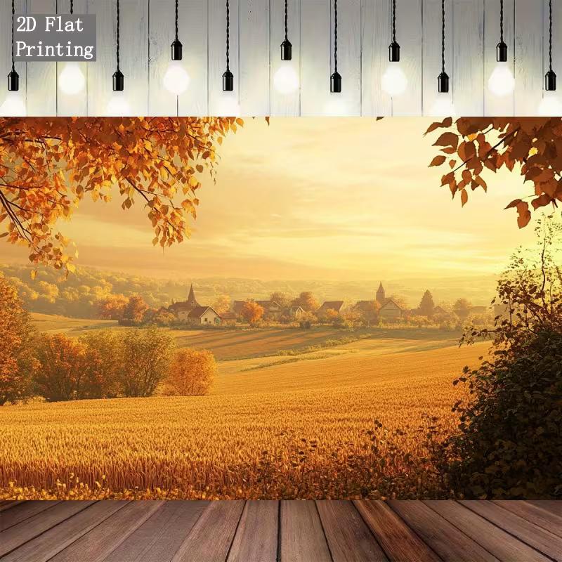 2D Cozy Autumn Wheat Field Village Photography Background