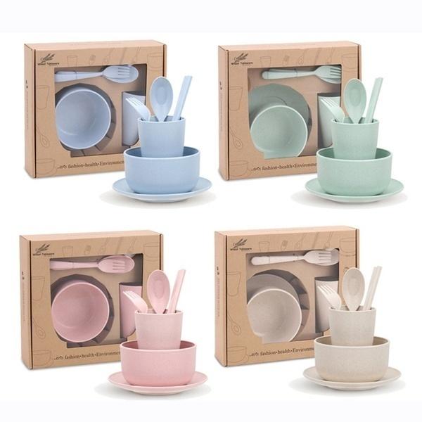 6Pcs/Set Wheat Straw Baby Tableware Children Food Dishes Bowl Feeding Infant Learning Dinnerware Spoon Chopsticks Fork Cup
