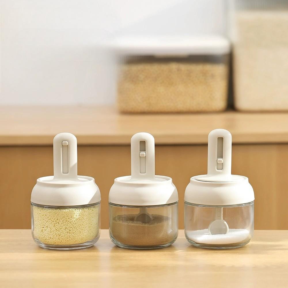 Household Glass Seasoning Bottle with Telescopic Spoon Leak Proof Salt Storage Box Moisture-Proof Kitchen Container 1/3 Pcs Set