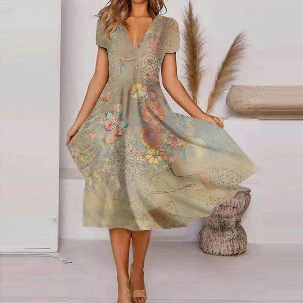 Women's Fashion And All- Summer Temperament V-neck Printed Short-sleeved Dress