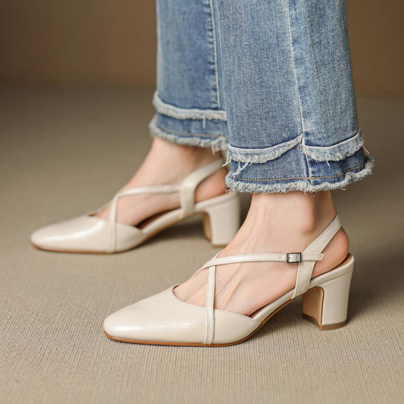 Summer solid color back empty sandals new women's thick heel sandals casual leather beef tendon soft sole bag head sandals large size