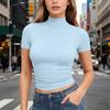Dames T-shirt met korte mouwen, slank gesneden, met opstaande kraag, rekbaar, lichtgewicht, ademend, basic top voor dagelijks gebruik