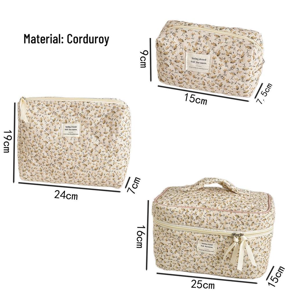 Yellow Floral Corduroy Makeup Bag - Korean Style, Portable, Large Capacity, Washable